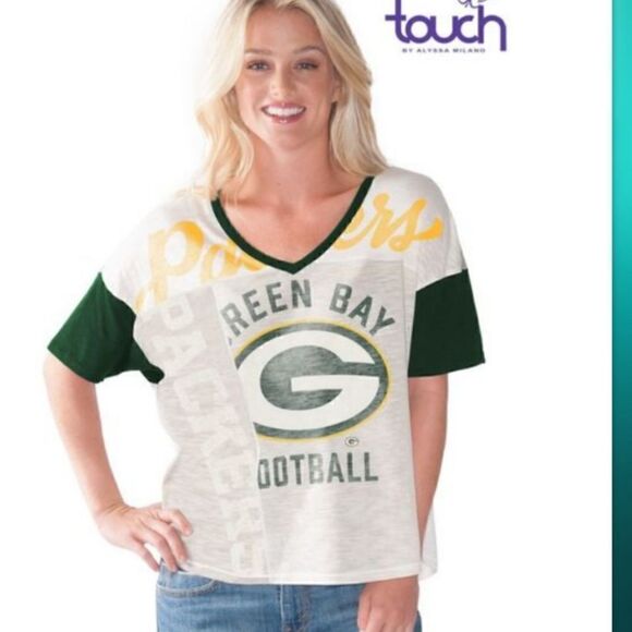 Green Bay Packers Touch Oversized Women's Cream V-Neck Tee Size XL - Picture 1 of 5